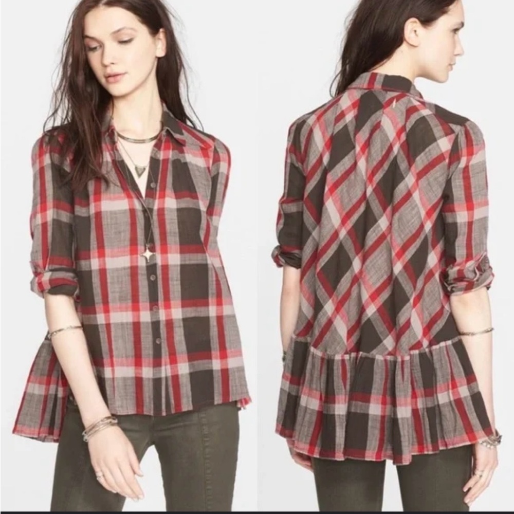 Free People Women's Peppy in‎ Plaid Button Up High Low Ruffle Tunic Top XS